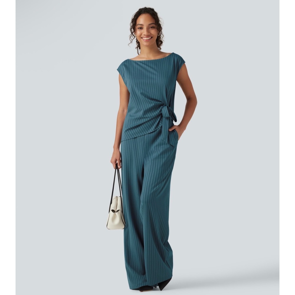 Halara Teal Pinstripe Boat Neck Sleeveless Tie Side Wide Leg Work Jumpsuit M - Picture 7 of 12
